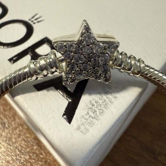 Authentic Pandora, 22CM,  Sparkling Star Silver Snake Chain Bracelet, CLOSEOUT - Picture 2 of 7